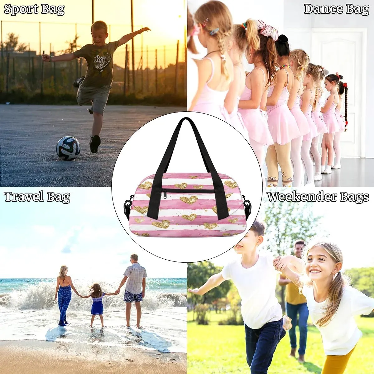 Sport Duffel Bag Love Heart Stripe Kids Gym Bag Weekender Overnight Bags for Boys Girls Teens Carry On Workout Travel Bag