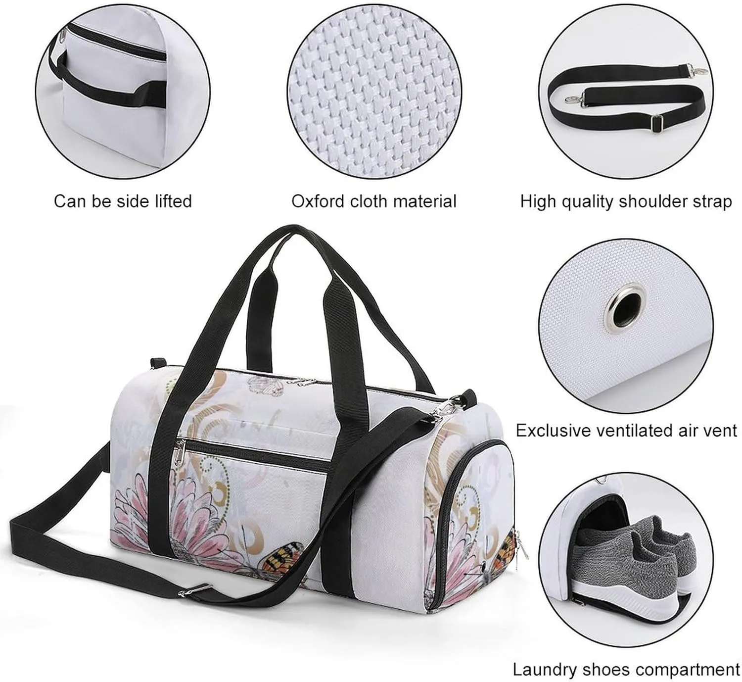 Sport Gym Duffel with Shoe Compartment Wet Pocket, Beautiful-butterflies-flower Shoulder Travel Bag for Women Men, style-3