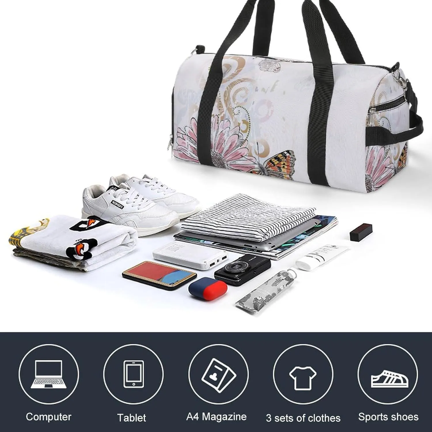 Sport Gym Duffel with Shoe Compartment Wet Pocket, Beautiful-butterflies-flower Shoulder Travel Bag for Women Men, style-3