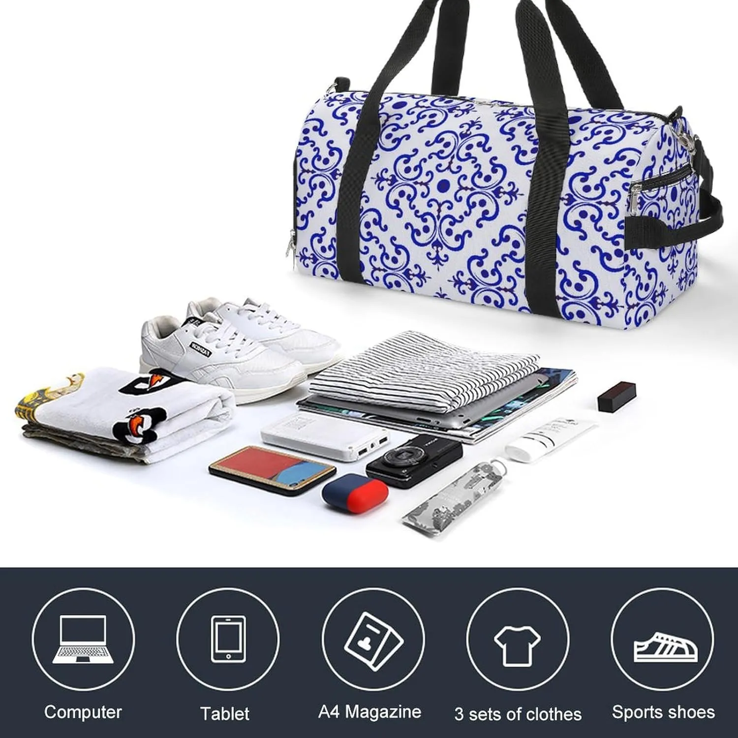 Sport Gym Duffel with Shoe Compartment Wet Pocket, Ceramic-tile-pattern-chinese-style Shoulder Travel Bag for Women Men