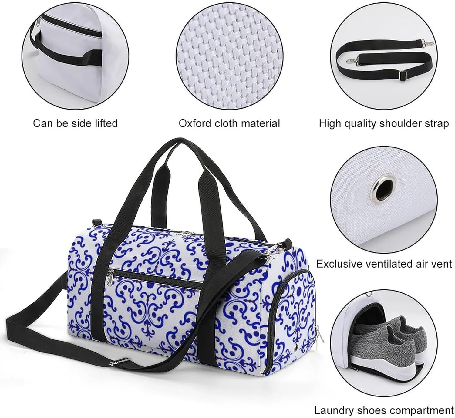 Sport Gym Duffel with Shoe Compartment Wet Pocket, Ceramic-tile-pattern-chinese-style Shoulder Travel Bag for Women Men