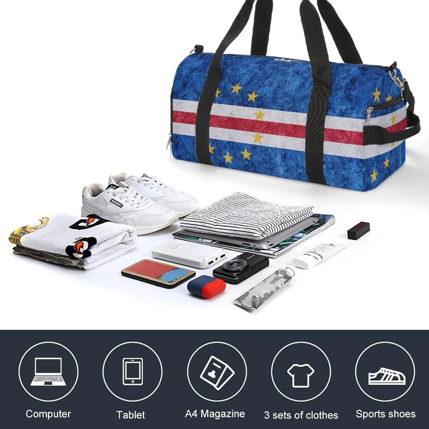 Sports Duffel Bag with Cape Verde Flag Textured Shoe Compartment Waterproof for Travel Gym