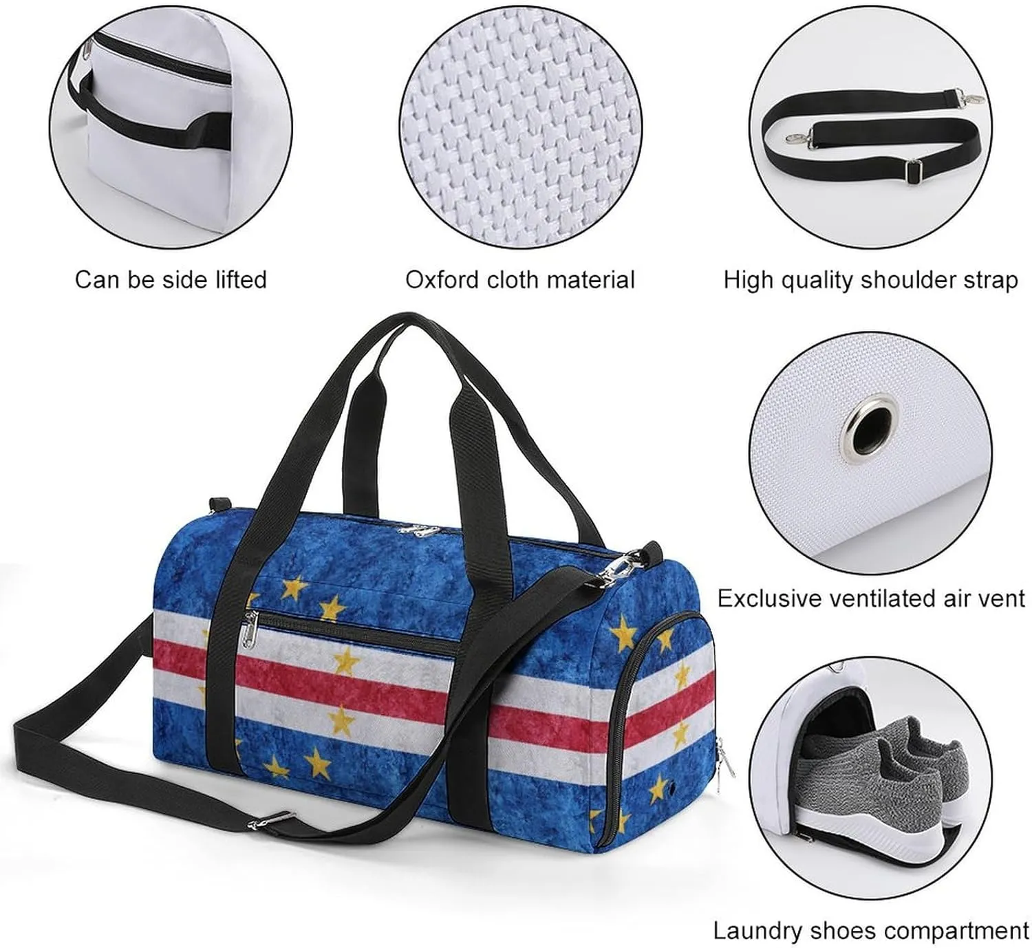 Sports Duffel Bag with Cape Verde Flag Textured Shoe Compartment Waterproof for Travel Gym