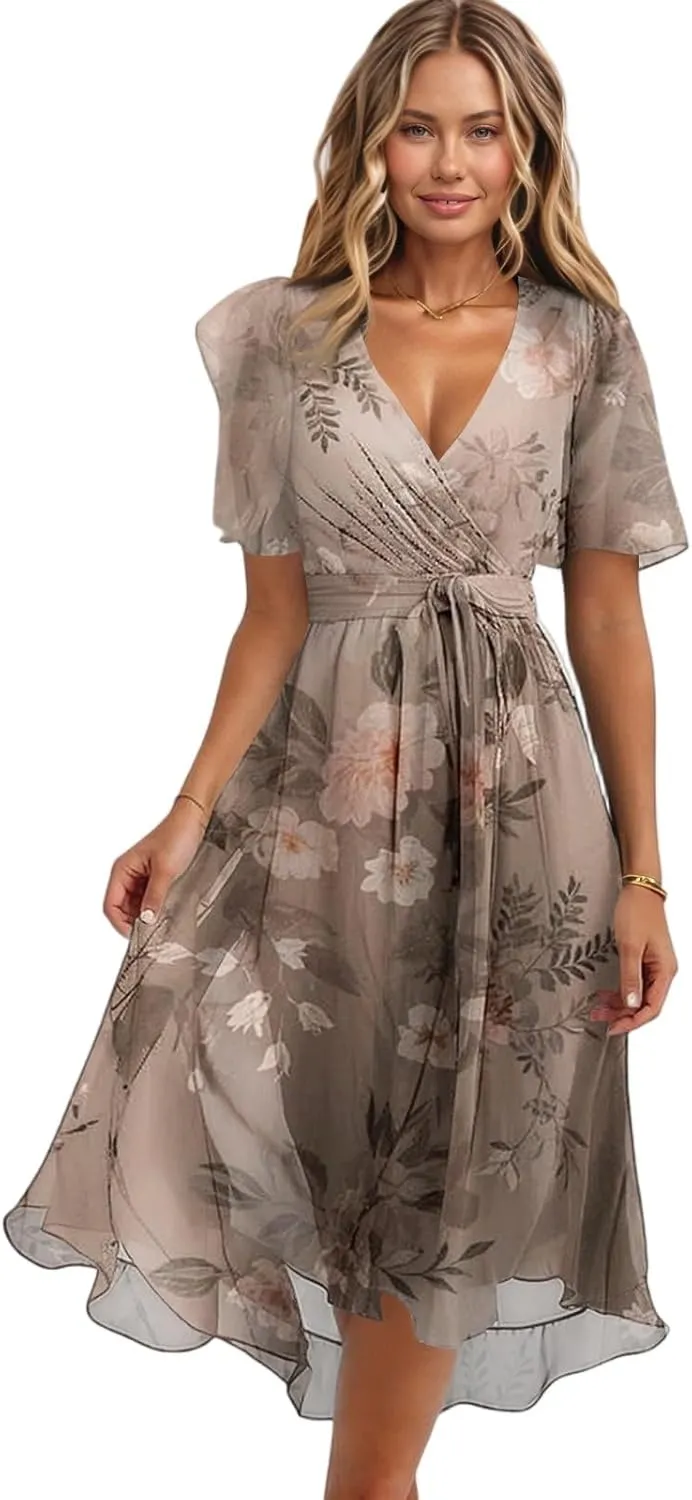 Spring Summer Chiffon Midi Dresses for Women 2025 Elegant Classy Wedding Guest Floral Formal Cocktail Prom Dress