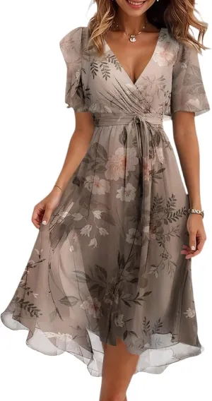 Spring Summer Chiffon Midi Dresses for Women 2025 Elegant Classy Wedding Guest Floral Formal Cocktail Prom Dress