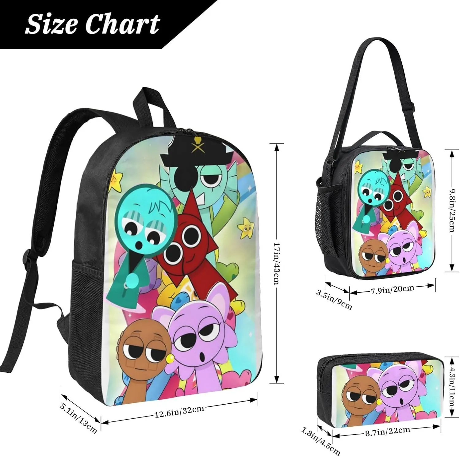 Sprunki Backpack Cartoon Print Fashion Lightweight Multi-Purpose Backpack, Unisex, 3set