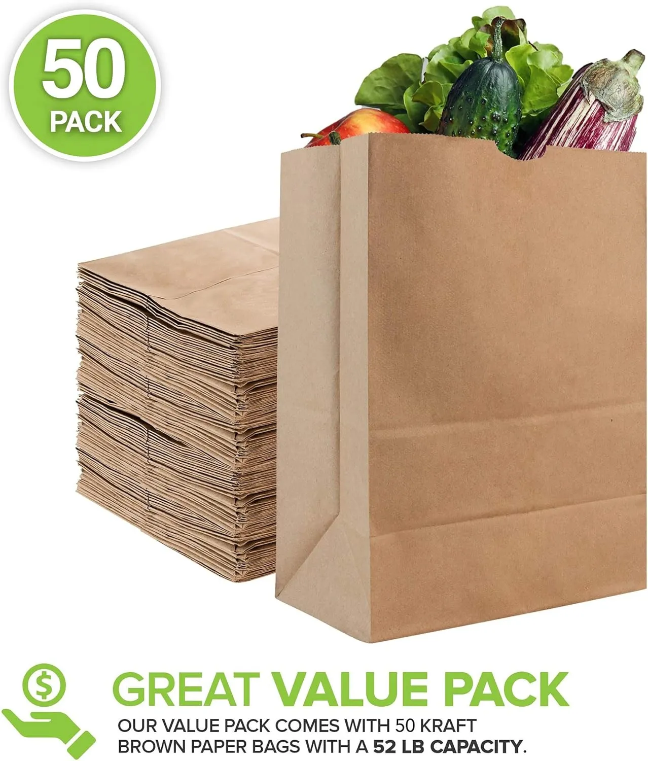 Stock Your Home 52 Lb Kraft Brown Paper Bags (50 Count) - Kraft Brown Paper Grocery Bags Bulk - Large Paper Bags for Grocery Shopping