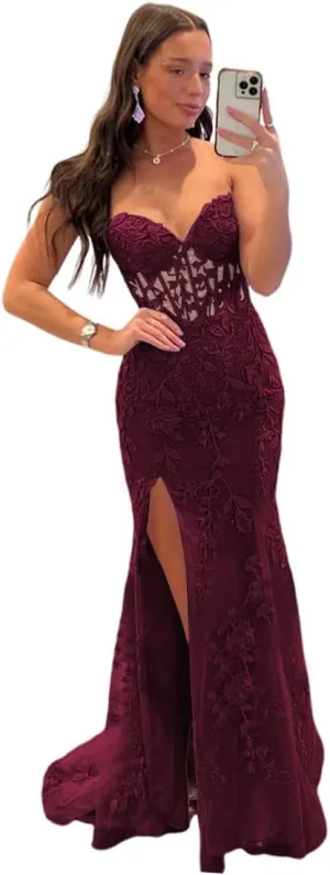 Strapless Lace Applique Mermaid Prom Dresses for Women 2025 Sweetheart Corset Long Evening Party Gowns QA124