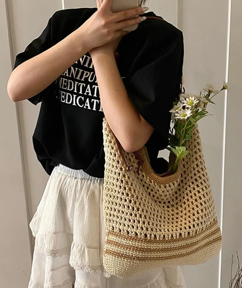 Straw Beach Bag Boho Woven Shoulder Handbag for Women Summer Beach Tote Purse Straw Hobo Bag Crossbody Purse Woven Satchel