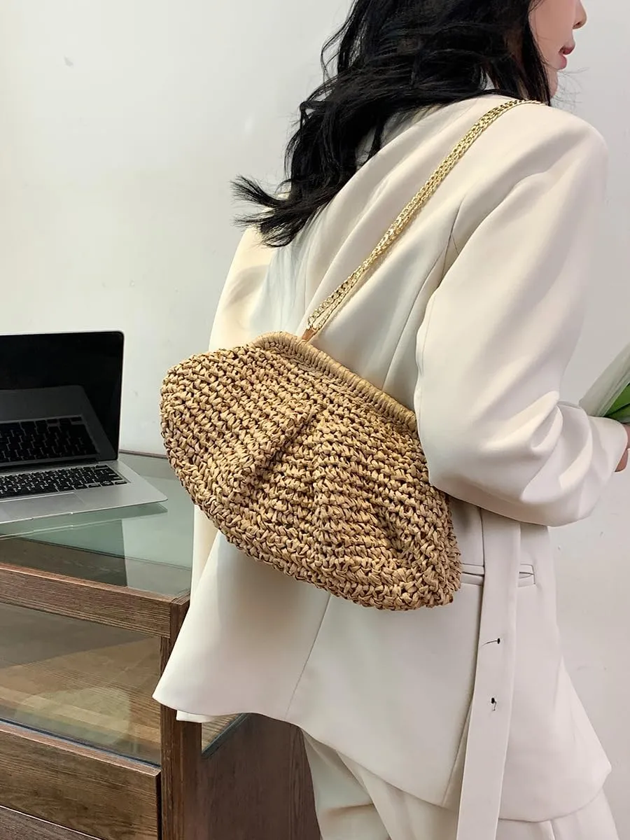 Straw Clutch Purse for Women Summer Beach Bag Could Dumpling Pouch Crossbody Shoulder Bag Woven Handbag Vacation Bag