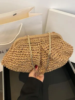 Straw Clutch Purse for Women Summer Beach Bag Could Dumpling Pouch Crossbody Shoulder Bag Woven Handbag Vacation Bag