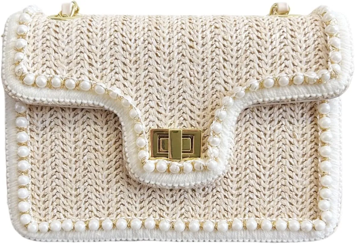 Straw Crossbody Bag for Women, Cute Woven Shoulder Bag with Pearl Trim Small Cross Body Purse Handbag Spring Summer Trendy