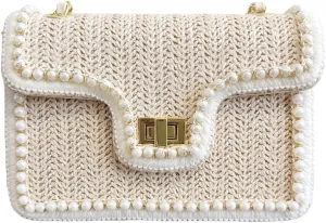 Straw Crossbody Bag for Women, Cute Woven Shoulder Bag with Pearl Trim Small Cross Body Purse Handbag Spring Summer Trendy