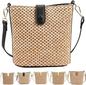 Straw Crossbody Bags for Women Trendy Beach Handmade Rattan Shoulder Bags Woven Leather Straps Clutch Purse Vacation
