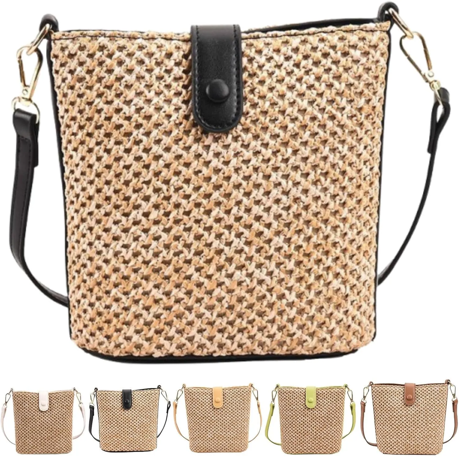 Straw Crossbody Bags for Women Trendy Beach Handmade Rattan Shoulder Bags Woven Leather Straps Clutch Purse Vacation
