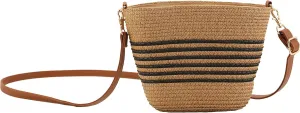 Straw Crossbody Bags for Women with stripe, Hand Woven Shoulder Bag with Adjustable Faux Leather Strap, Beach Purses