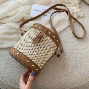 Straw Drum Bag For Women 2019 Rivet Design Small Crossbody Bags Ladies Summer Travel Messenger Shoulder Bag Female Handbags