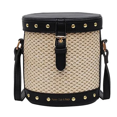 Straw Drum Bag For Women 2019 Rivet Design Small Crossbody Bags Ladies Summer Travel Messenger Shoulder Bag Female Handbags