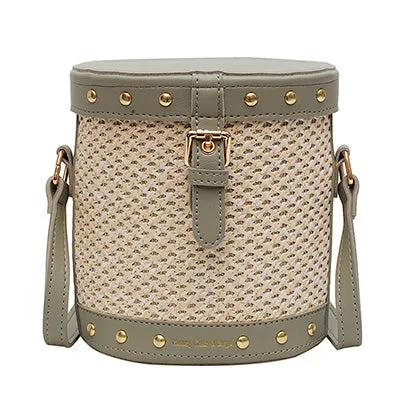 Straw Drum Bag For Women 2019 Rivet Design Small Crossbody Bags Ladies Summer Travel Messenger Shoulder Bag Female Handbags