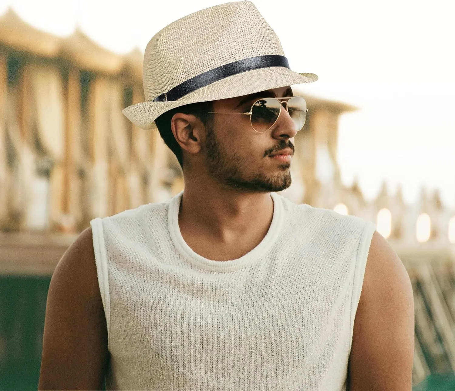 Straw Fedora Hat for Men Women Short Brim Panama Trilby Hat Sun Summer Beach Hat with Belt Buckle