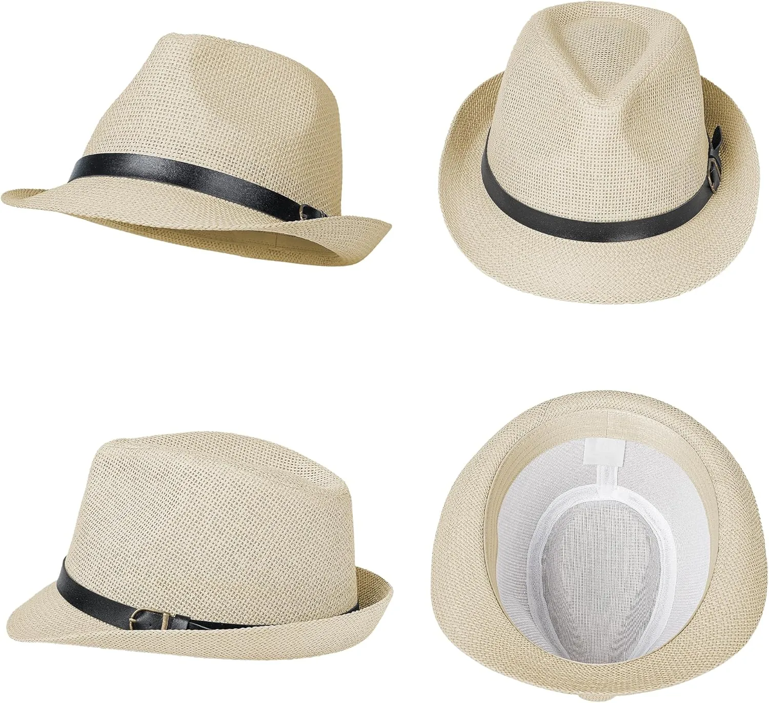 Straw Fedora Hat for Men Women Short Brim Panama Trilby Hat Sun Summer Beach Hat with Belt Buckle