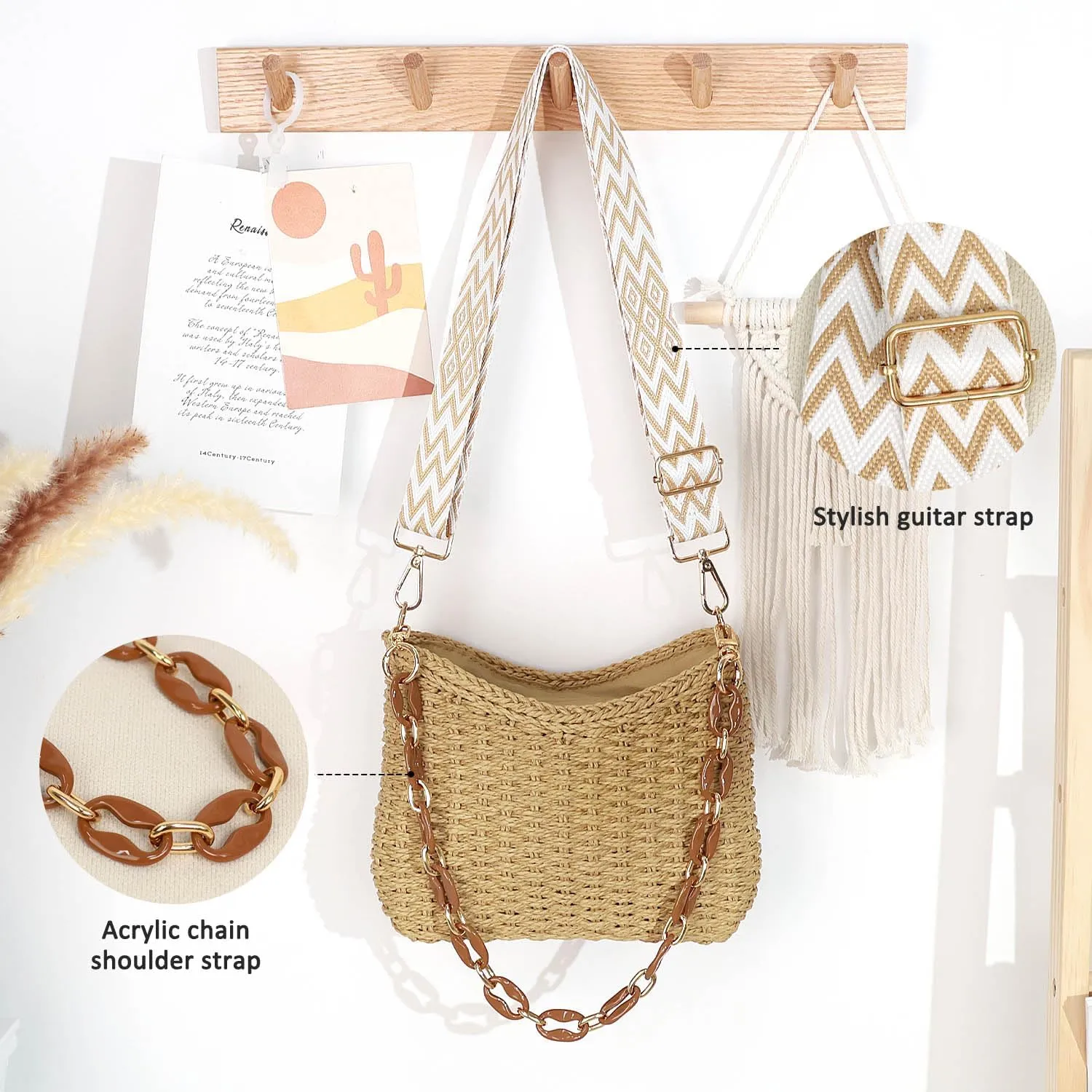 Straw Handbags Purses Crossbody Pocketbook Bag Casual Woven Beach Bags Summer Hobo Hippie Chic Tote Bags with Chain