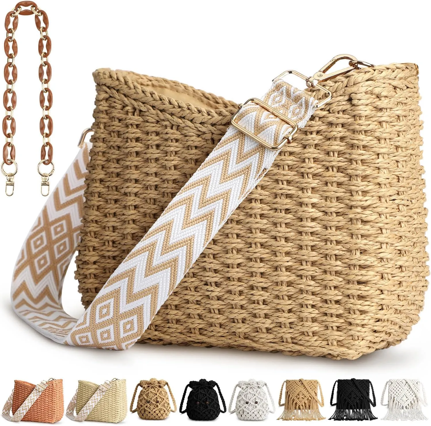 Straw Handbags Purses Crossbody Pocketbook Bag Casual Woven Beach Bags Summer Hobo Hippie Chic Tote Bags with Chain
