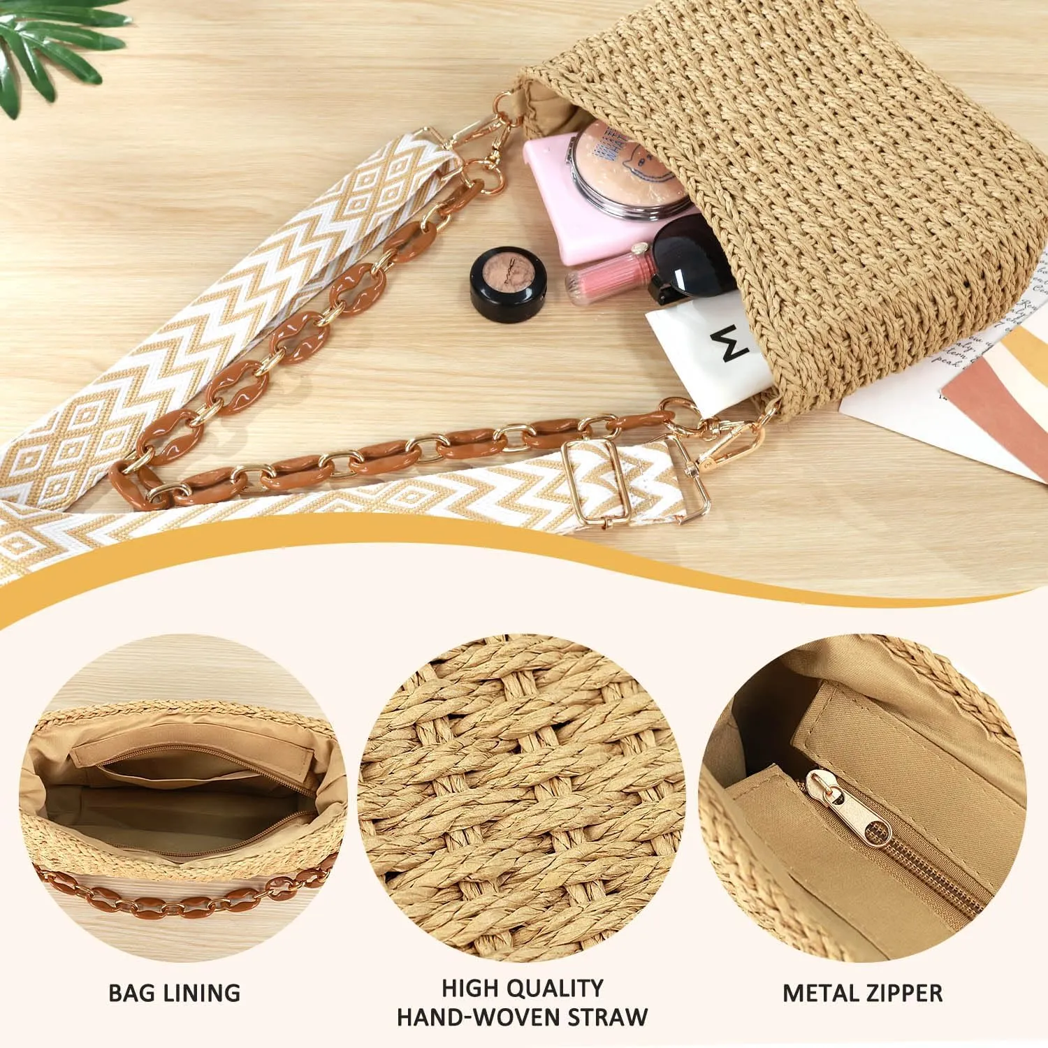 Straw Handbags Purses Crossbody Pocketbook Bag Casual Woven Beach Bags Summer Hobo Hippie Chic Tote Bags with Chain