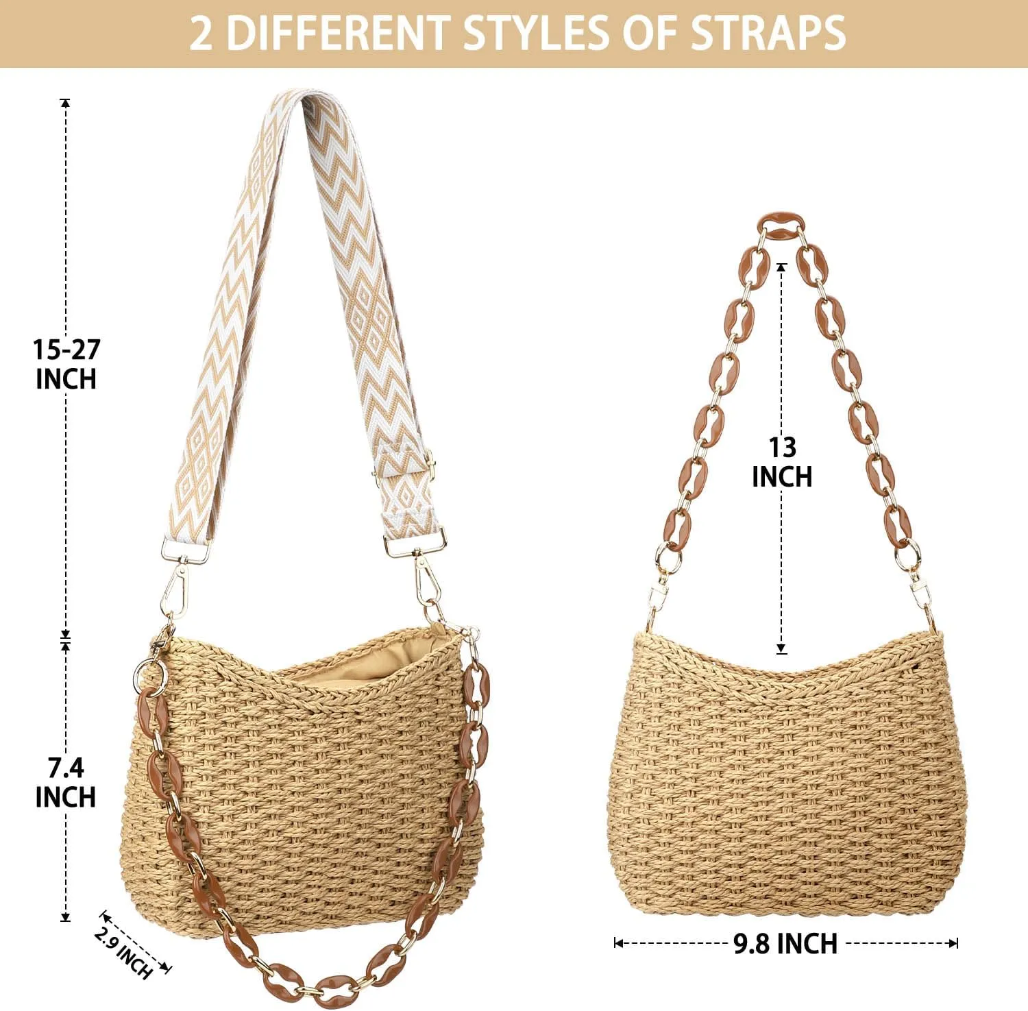 Straw Handbags Purses Crossbody Pocketbook Bag Casual Woven Beach Bags Summer Hobo Hippie Chic Tote Bags with Chain