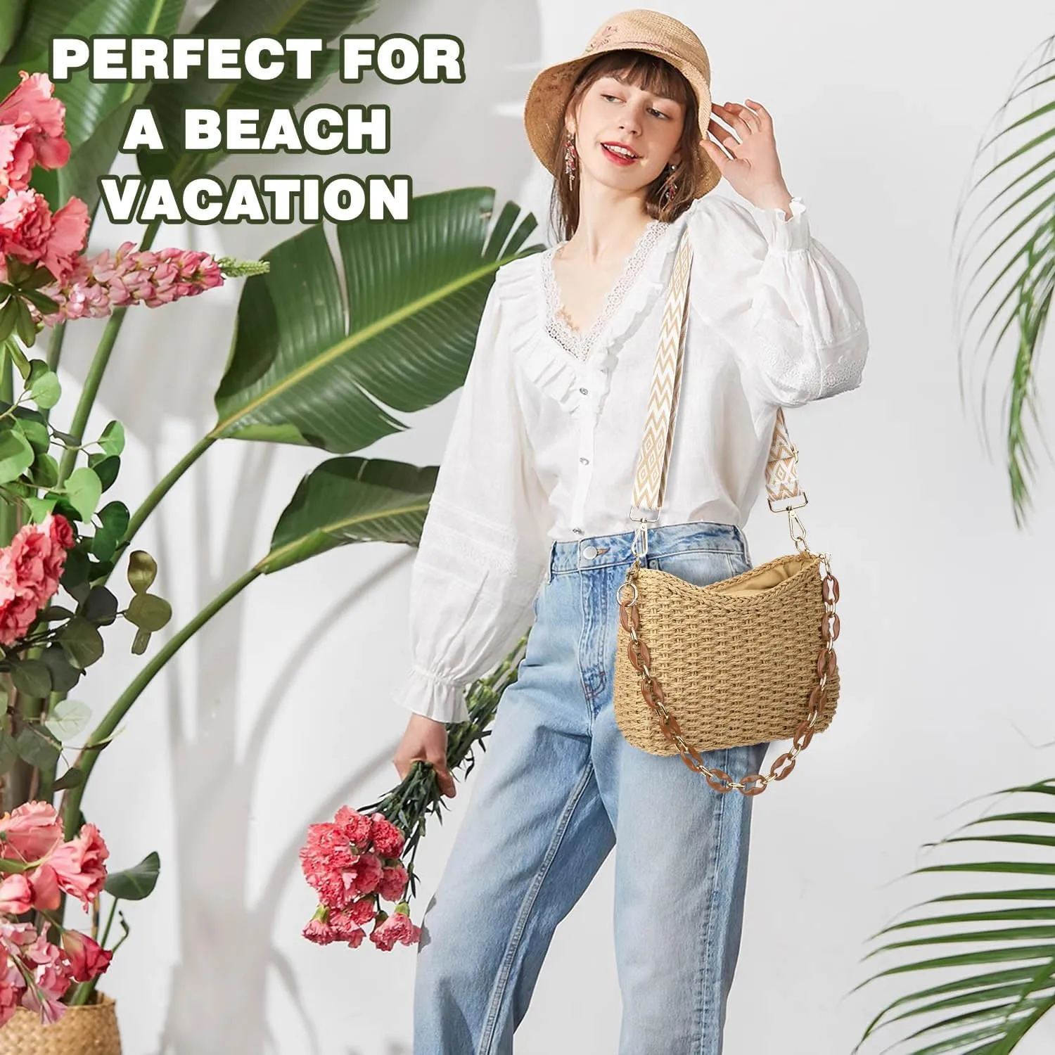 Straw Handbags Purses Crossbody Pocketbook Bag Casual Woven Beach Bags Summer Hobo Hippie Chic Tote Bags with Chain