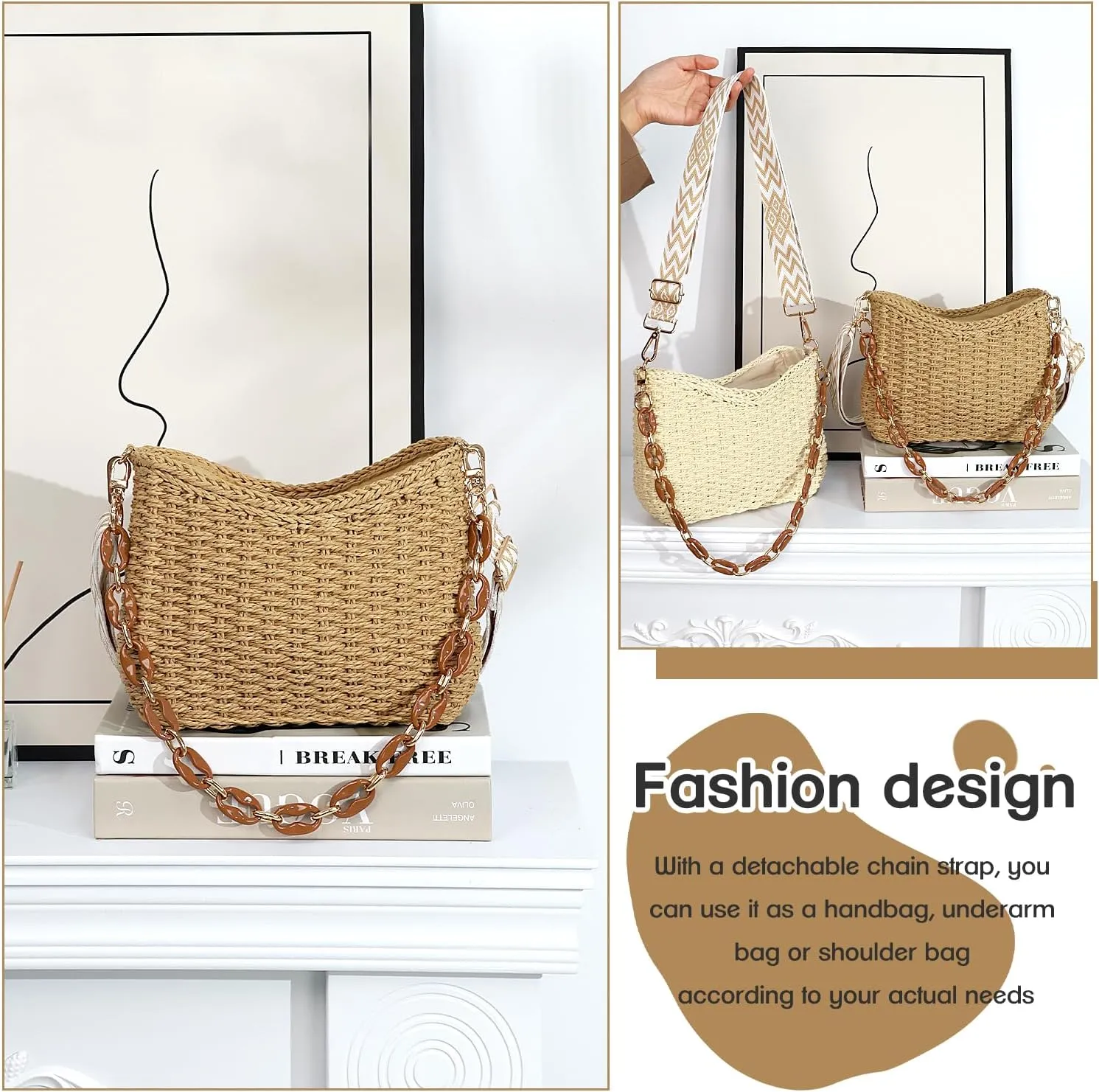 Straw Handbags Purses Crossbody Pocketbook Bag Casual Woven Beach Bags Summer Hobo Hippie Chic Tote Bags with Chain