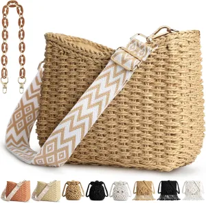 Straw Handbags Purses Crossbody Pocketbook Bag Casual Woven Beach Bags Summer Hobo Hippie Chic Tote Bags with Chain