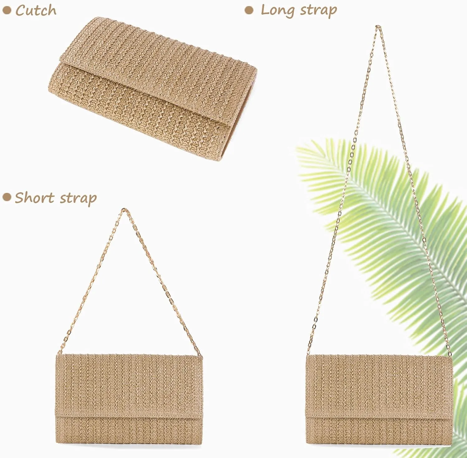 Straw Shoulder Crossbody Bag, Chain Evening Purse Envelope Clutch Handbag Summer Beach Bag