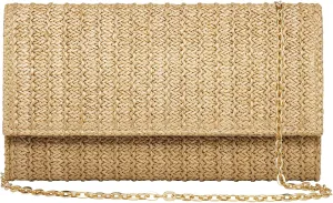 Straw Shoulder Crossbody Bag, Chain Evening Purse Envelope Clutch Handbag Summer Beach Bag