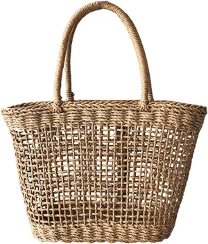 Straw Tote Bag for Handbag Women Summer Sea Hand-woven Travel Basket Straw Beach Vacation Woven Fashion Tote Bags Hollow-out -handle Clutch Rattan Khaki Purse Crossbody