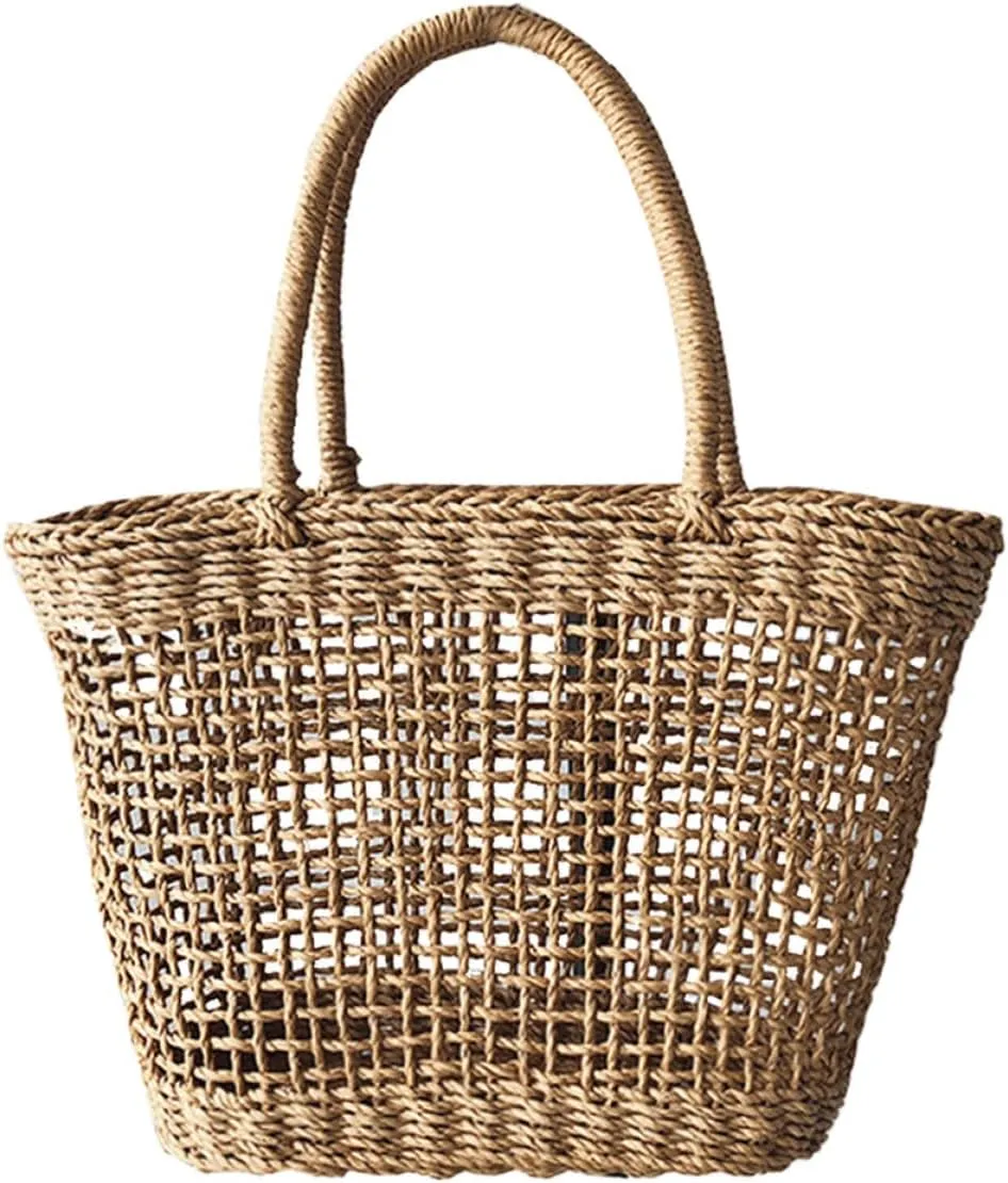 Straw Tote Bag for Handbag Women Summer Sea Hand-woven Travel Basket Straw Beach Vacation Woven Fashion Tote Bags Hollow-out -handle Clutch Rattan Khaki Purse Crossbody
