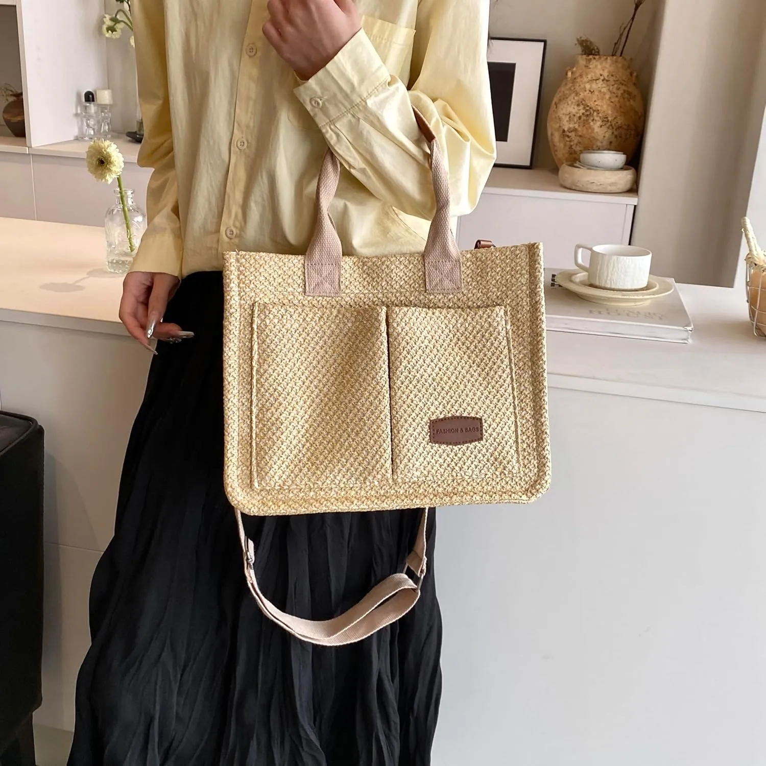 Straw Tote Bag for Women,Women's Purse Handbags,Beach Bags Summer Crossbody Work Laptop Book Bag for Travel Daily
