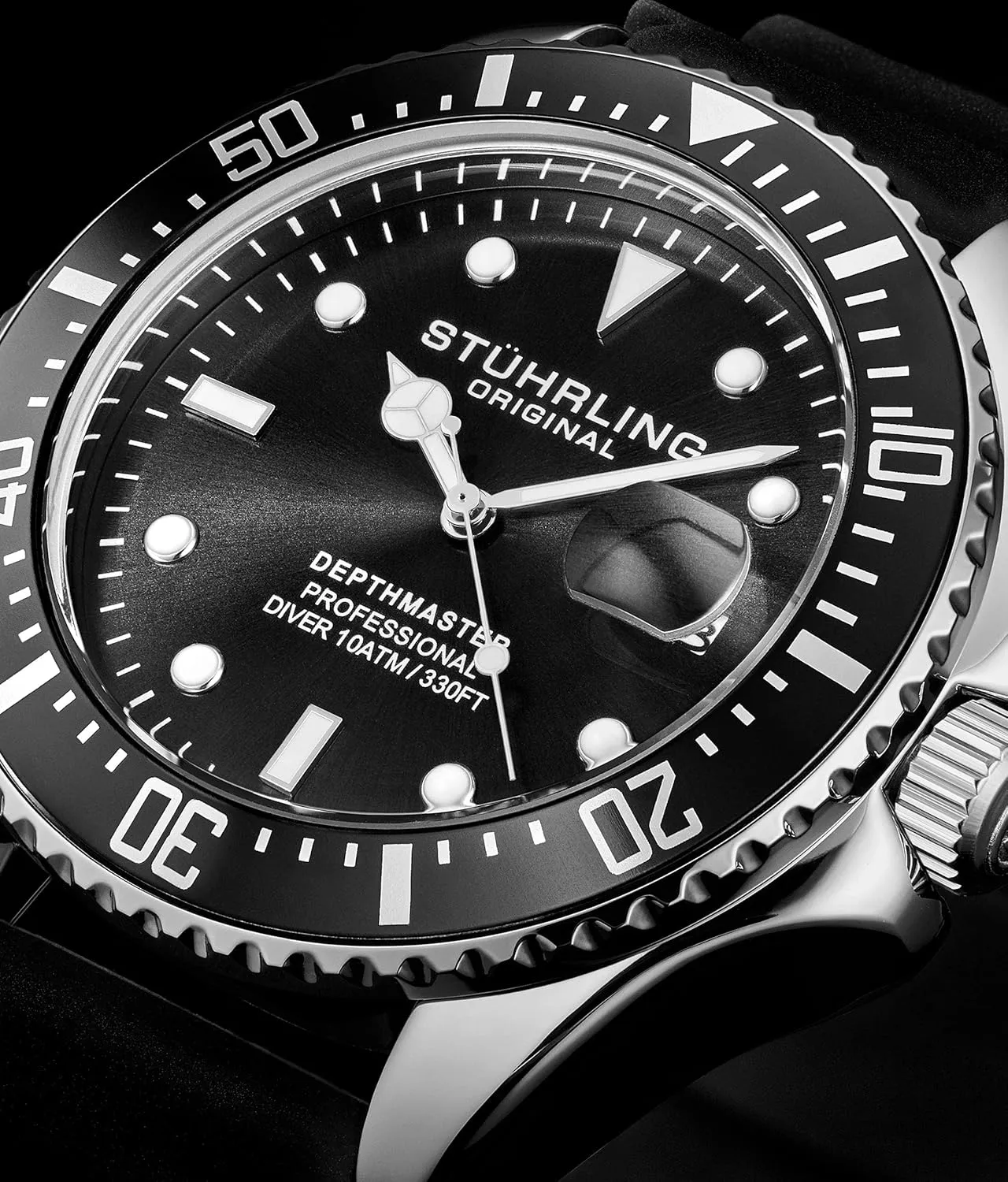 Stuhrling Original Men's Watch Dive Watch Silver 42 MM Case with Screw Down Crown Rubber Strap Water Resistant to 330 FT