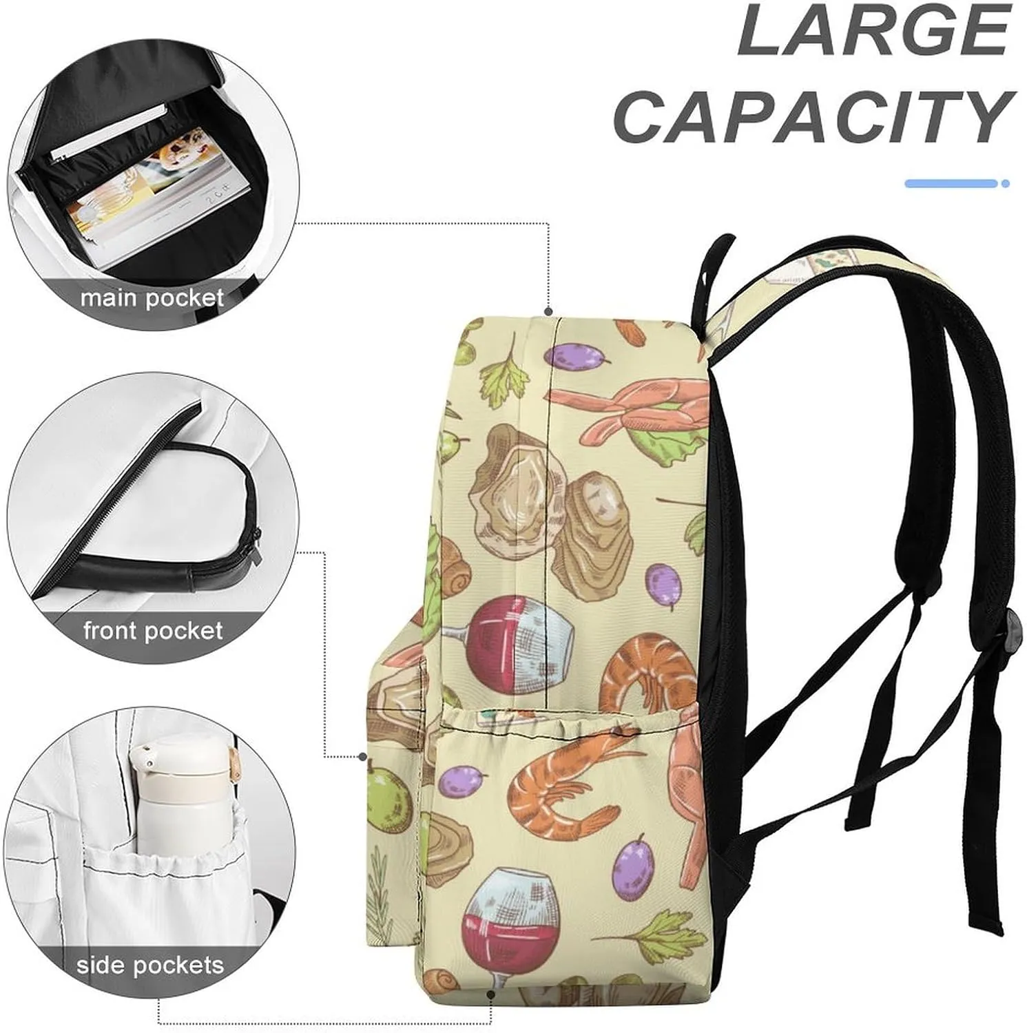 Summer Cuisine Seafood Casual Travel Backpack Lightweight with Multi Compartment Laptop Bagpack for Women Men Hiking Business Work
