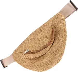 Summer Fanny Pack Women Woven Crossbody Bag Straw Waist Bag(Dark Brown)