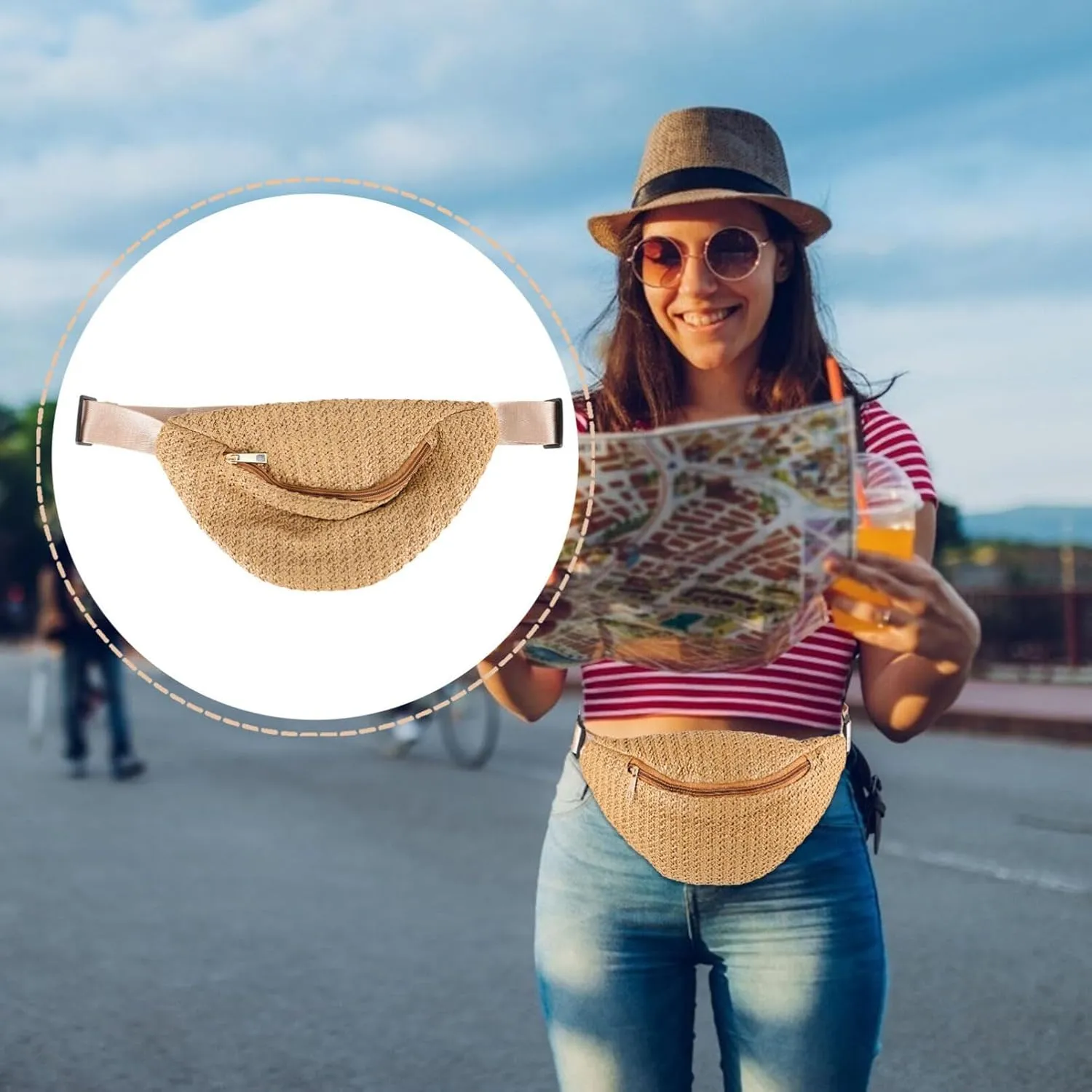 Summer Fanny Pack Women Woven Crossbody Bag Straw Waist Bag(Dark Brown)