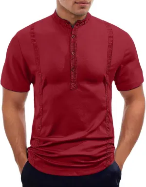 Summer Shirts for Men Shor Sleeve Stripe Button Crew Neck Breathable Loose Elasticity Comfy Fashion Trendy T-Shirts