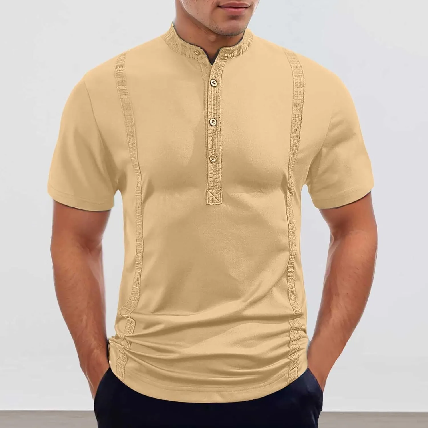 Summer Shirts for Men Shor Sleeve Stripe Button Crew Neck Breathable Loose Elasticity Comfy Fashion Trendy T-Shirts