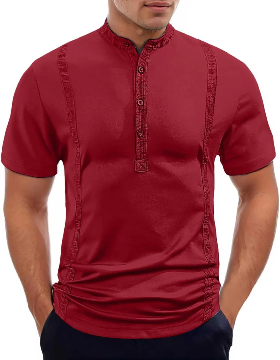 Summer Shirts for Men Shor Sleeve Stripe Button Crew Neck Breathable Loose Elasticity Comfy Fashion Trendy T-Shirts