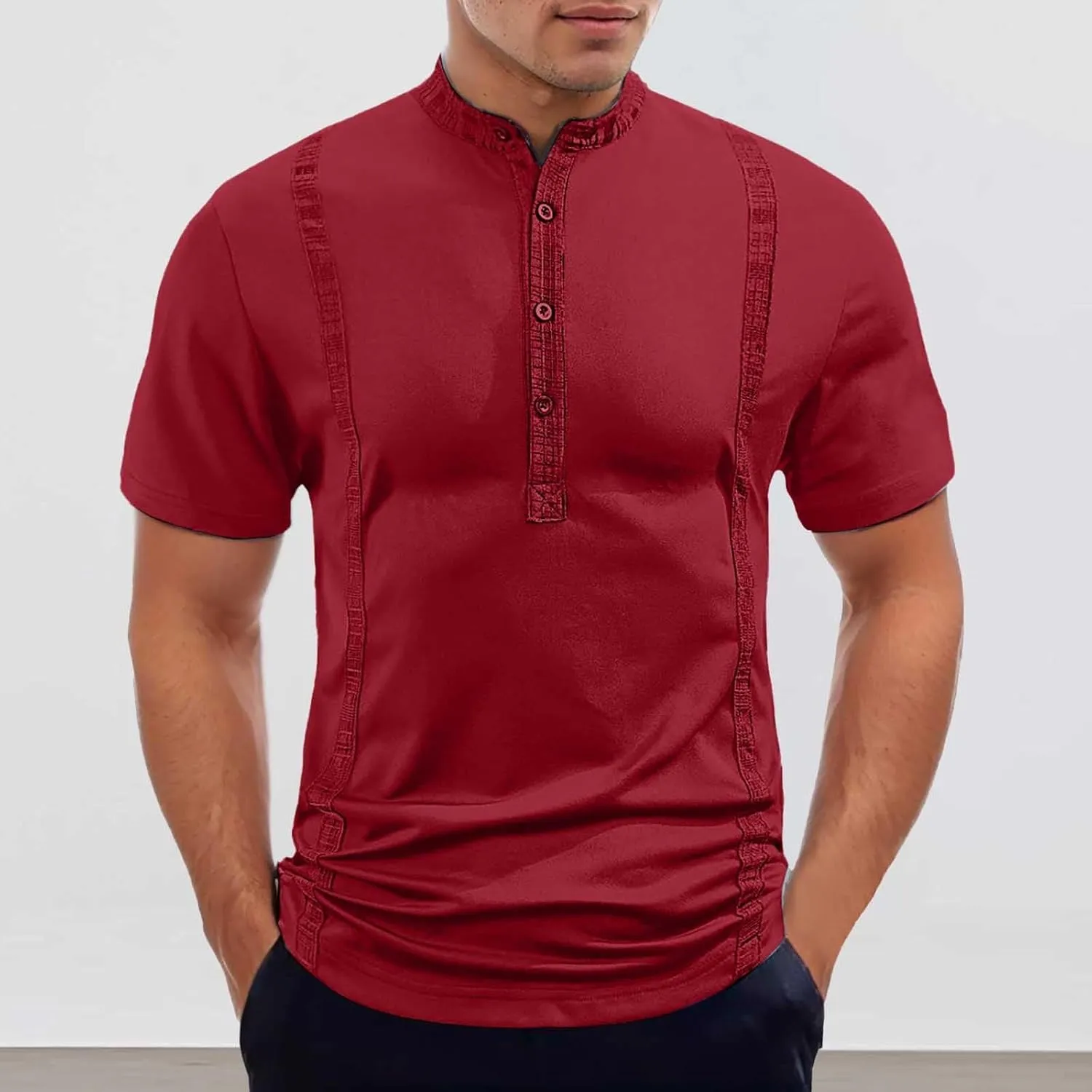 Summer Shirts for Men Shor Sleeve Stripe Button Crew Neck Breathable Loose Elasticity Comfy Fashion Trendy T-Shirts
