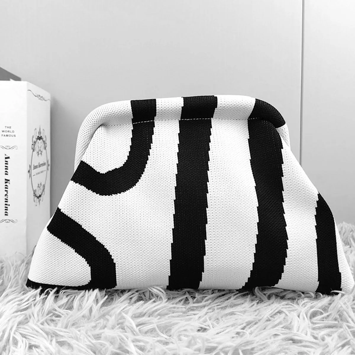 Summer Stripe Crochet Bags Clutch for Women Beach Woven Color Block Dumpling Bags Purse