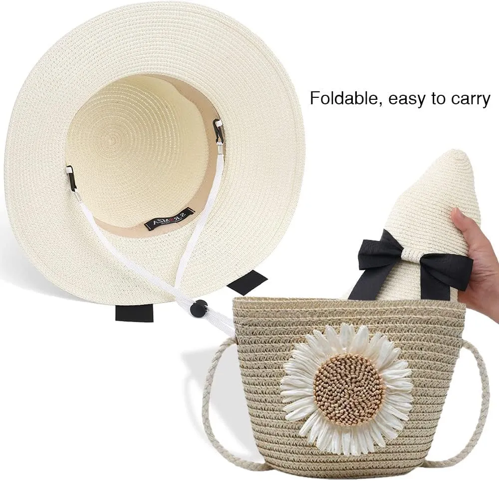 Sun Straw Hat for Women with Wind Lanyard Wide Brim Foldable Beach Summer Hats Womens UV 50  Protection Bowknot Cap