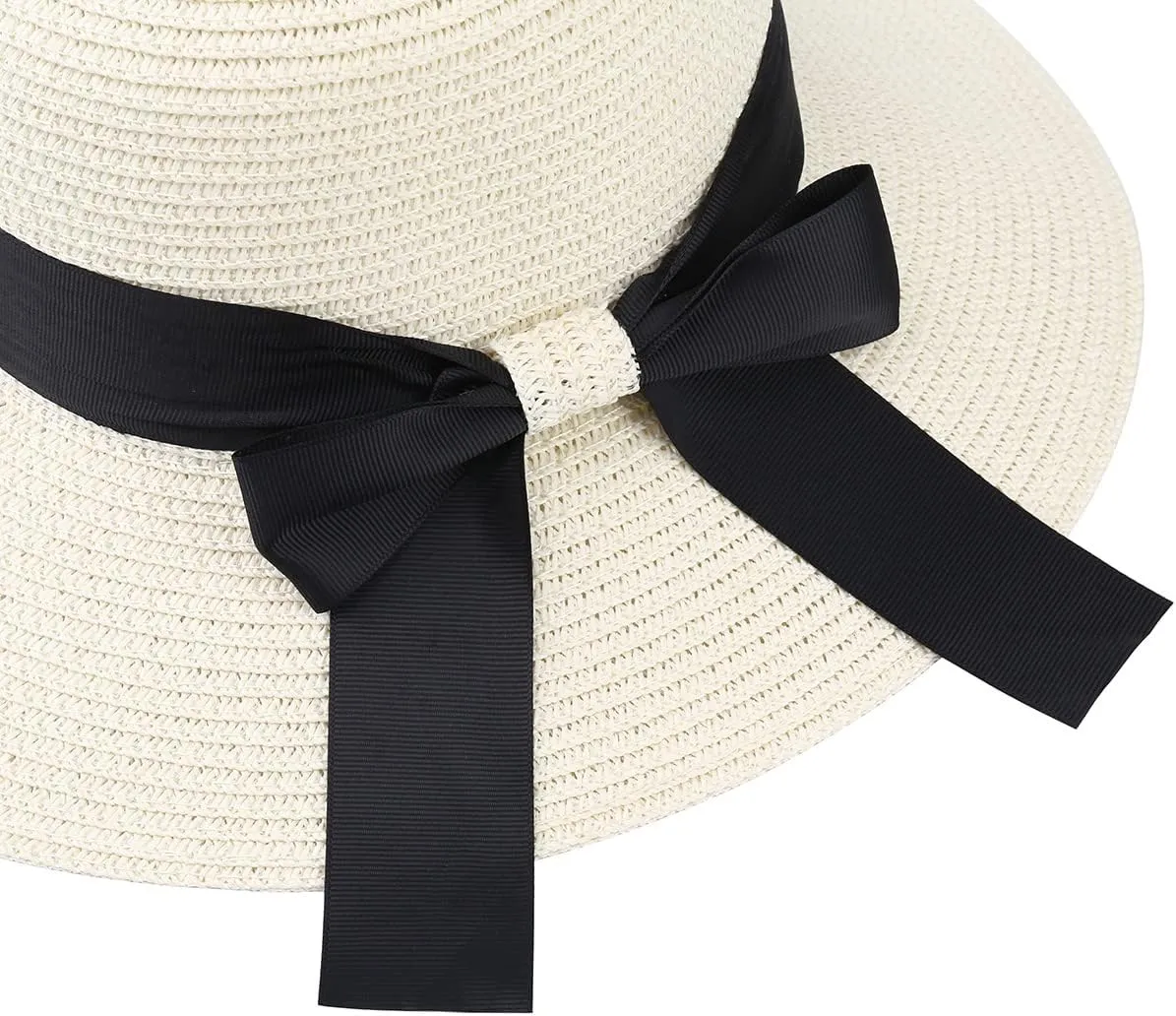 Sun Straw Hat for Women with Wind Lanyard Wide Brim Foldable Beach Summer Hats Womens UV 50  Protection Bowknot Cap