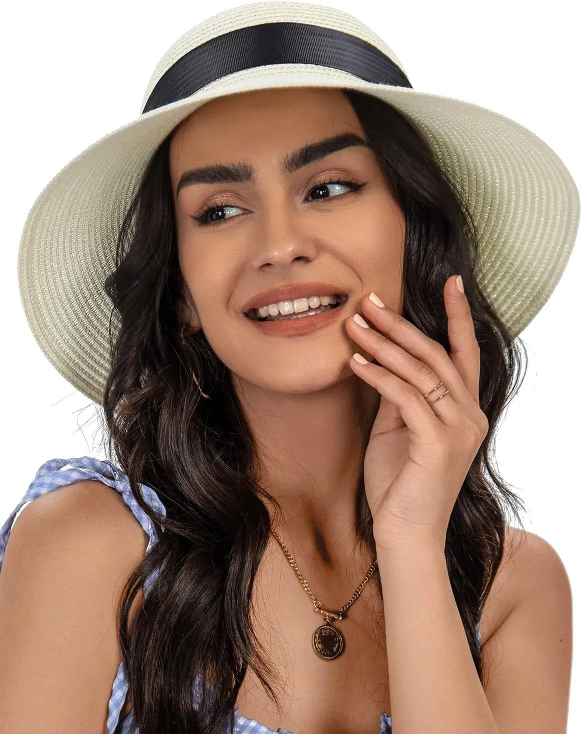 Sun Straw Hat for Women with Wind Lanyard Wide Brim Foldable Beach Summer Hats Womens UV 50  Protection Bowknot Cap