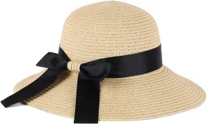 Sun Straw Hat for Women with Wind Lanyard Wide Brim Foldable Beach Summer Hats Womens UV 50  Protection Bowknot Cap